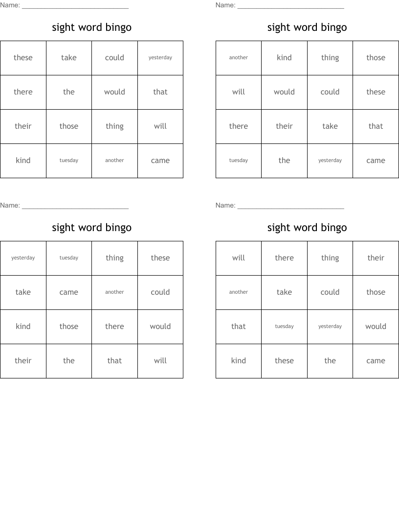 sight word bingo