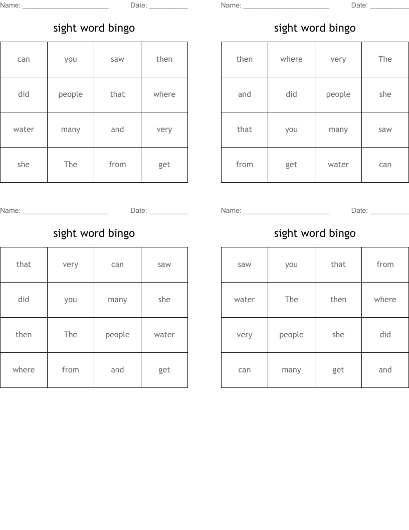 sight word bingo
