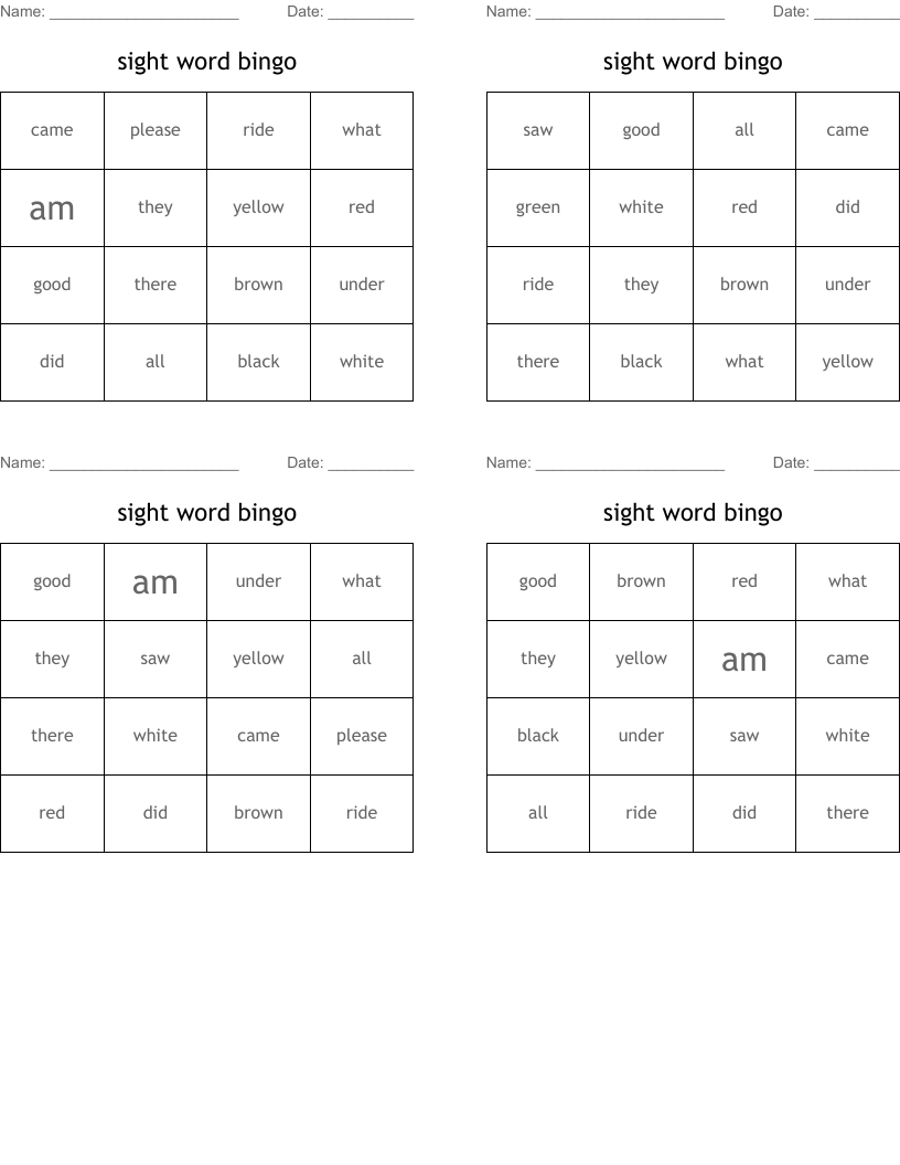 sight word bingo