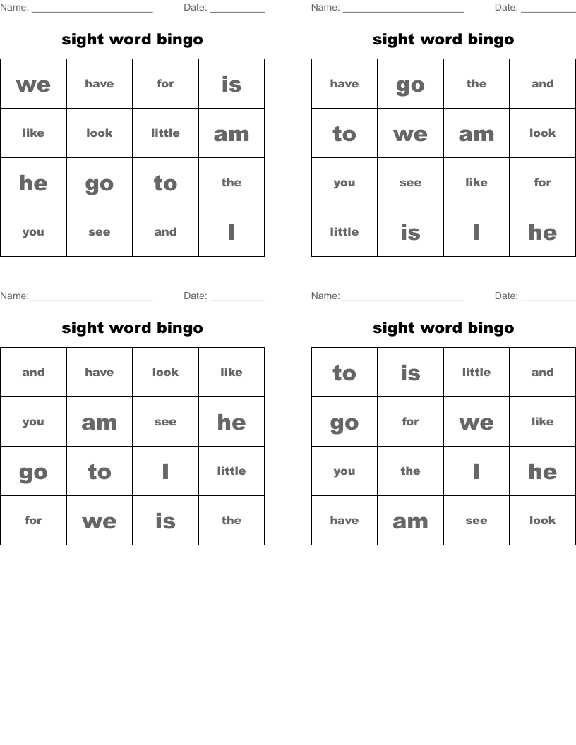 sight word bingo