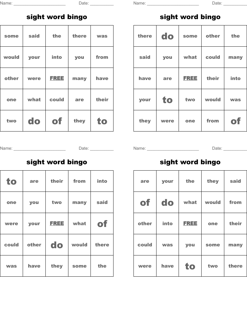 sight word bingo