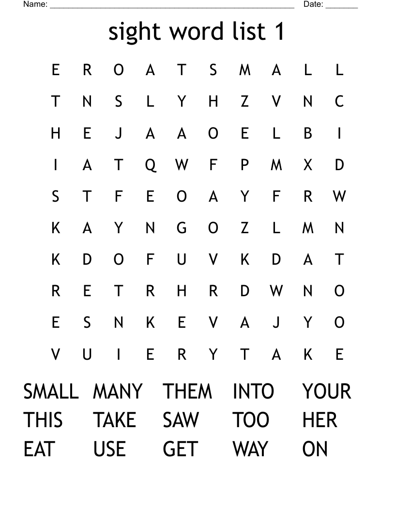 sight word list 1 Word Search