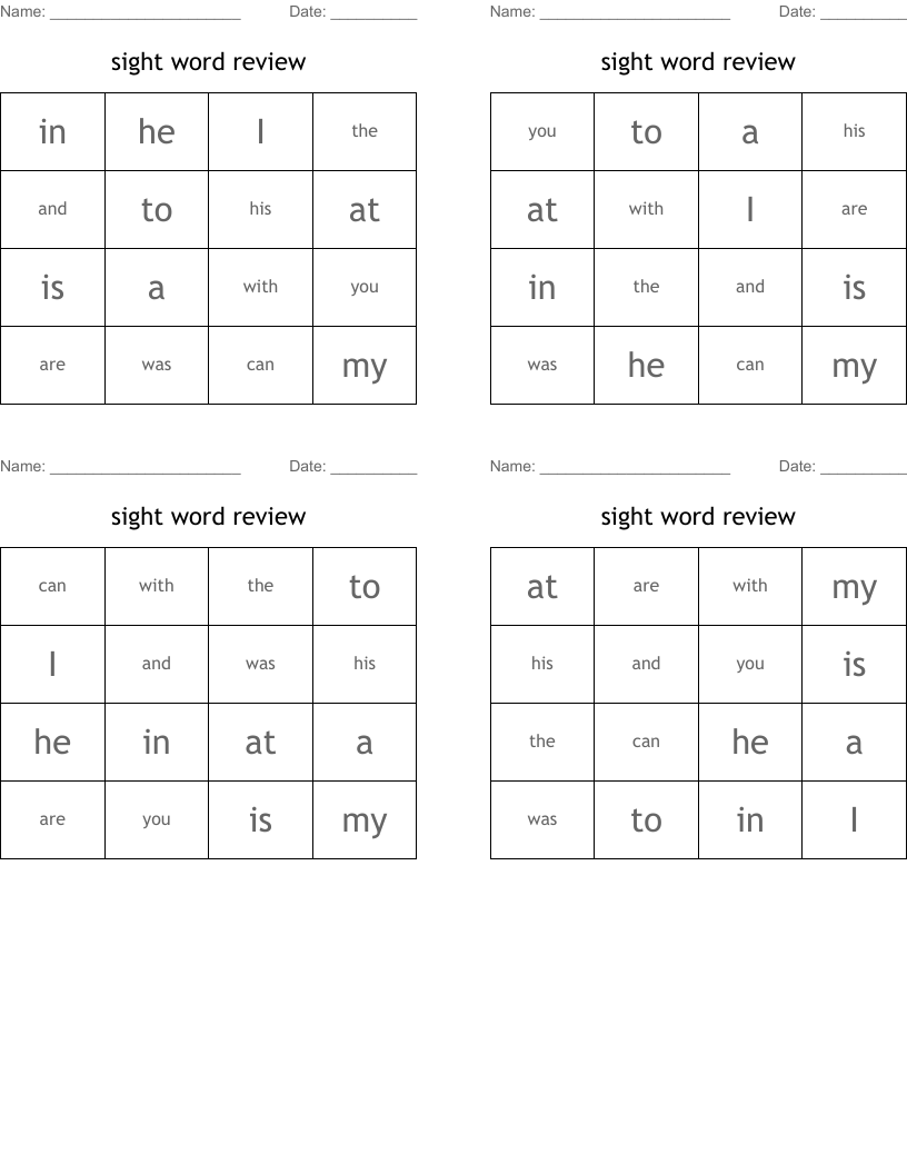sight word review Bingo Cards