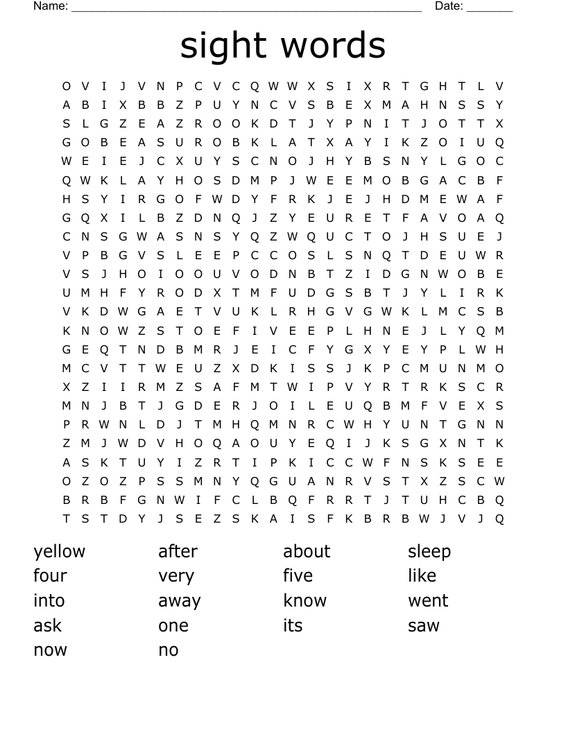 sight words Word Search