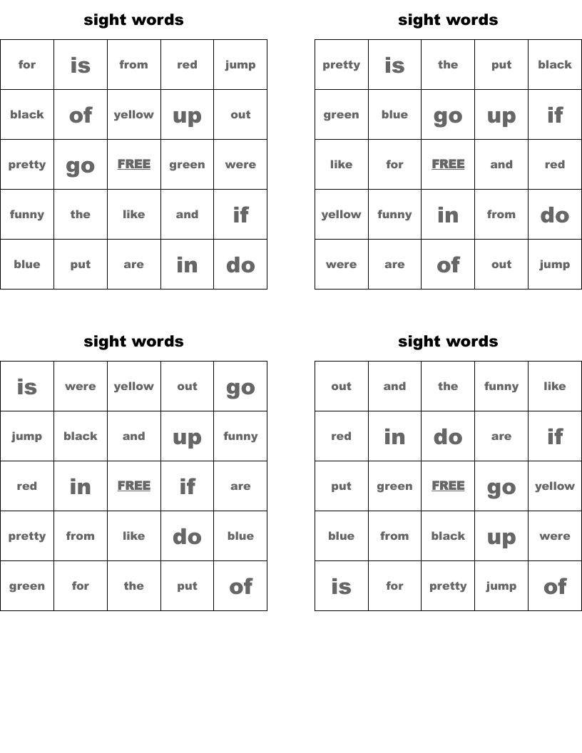 sight words Bingo Cards