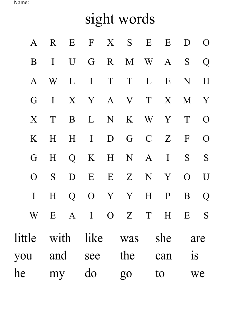 sight words Word Search