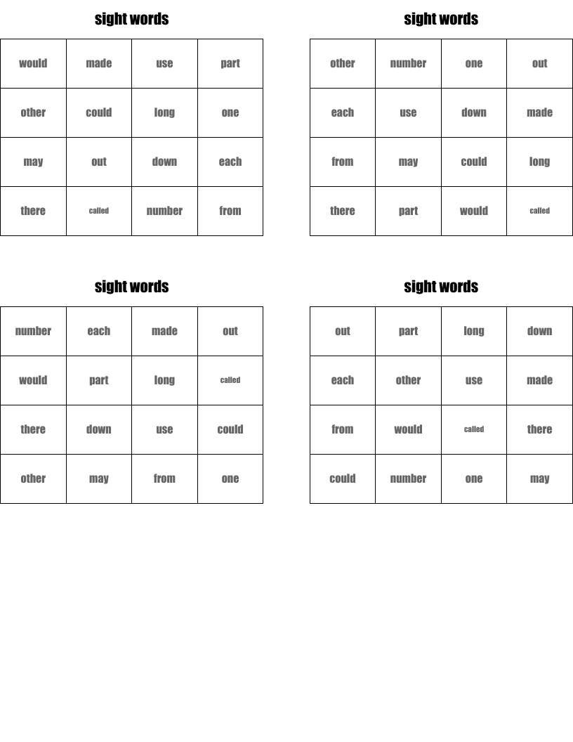 sight words Bingo Cards