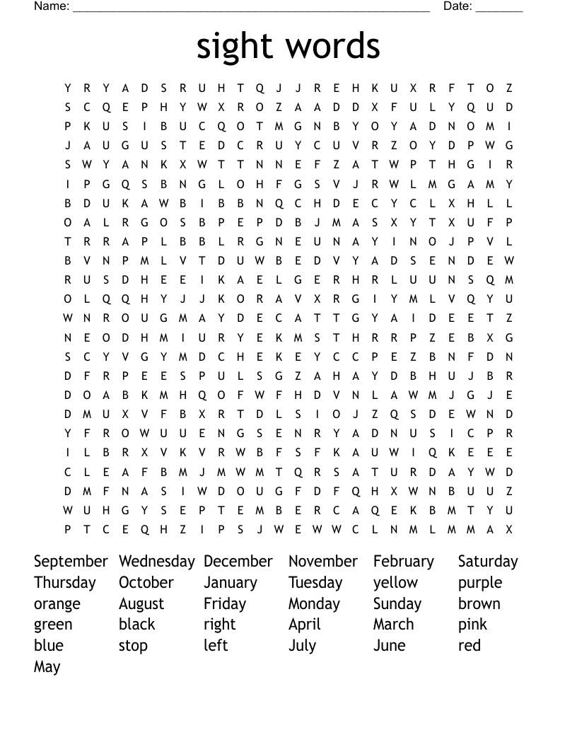 sight words Word Search