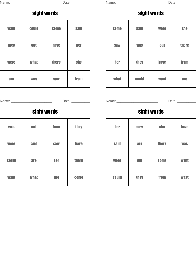 sight words Bingo Cards