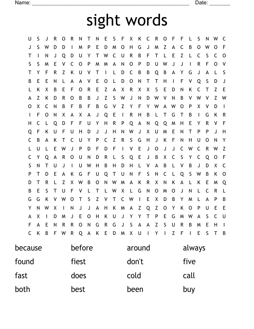 sight words Word Search
