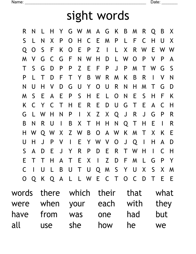 sight words Word Search
