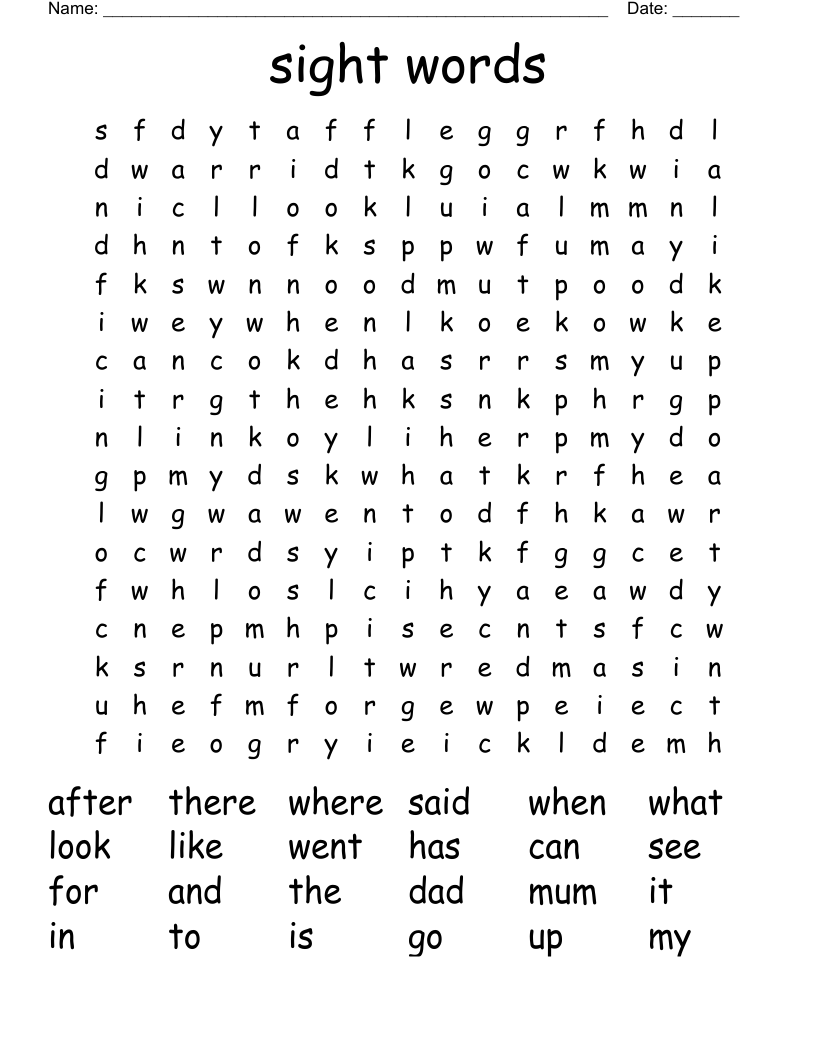 sight words Word Search