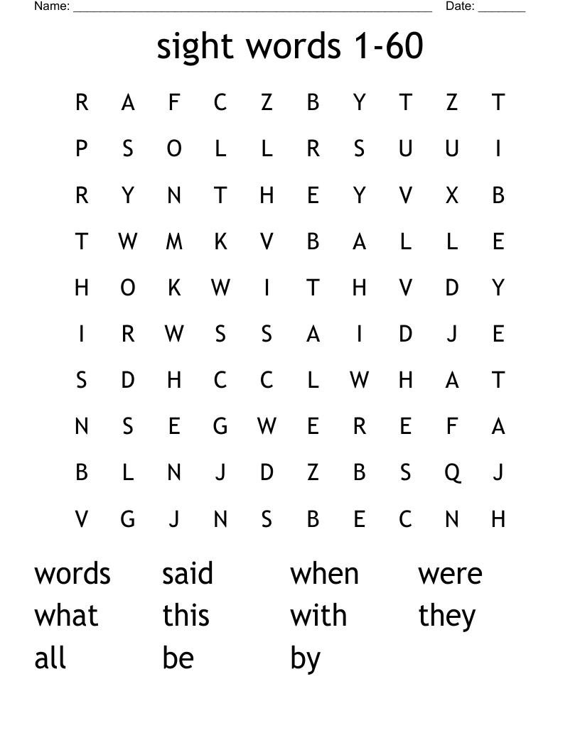 sight words 1-60 Word Search