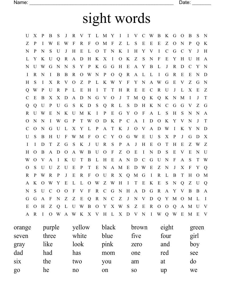 sight words Word Search