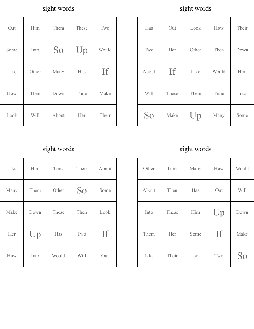 sight words Bingo Cards
