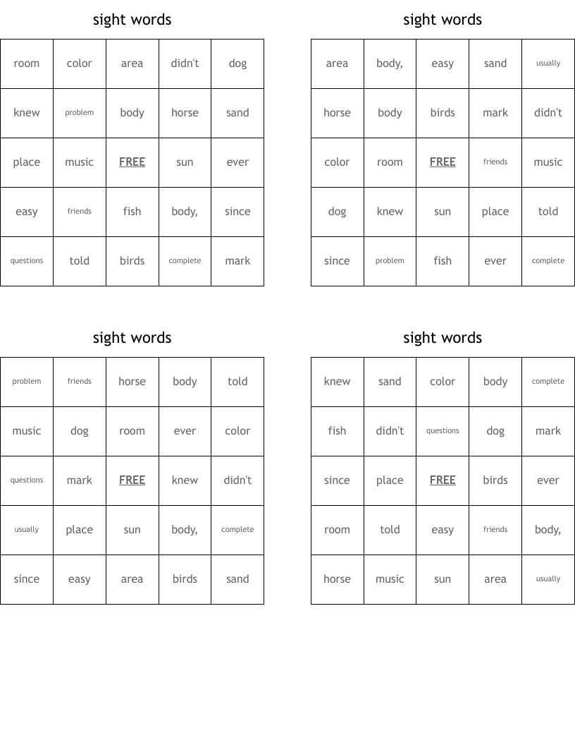 sight words Bingo Cards