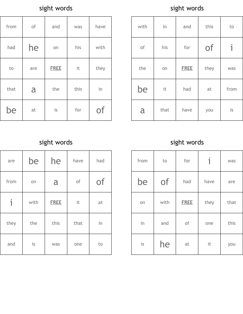sight words Bingo Cards