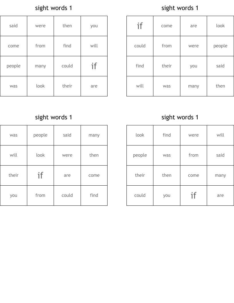 sight words 1 Bingo Cards