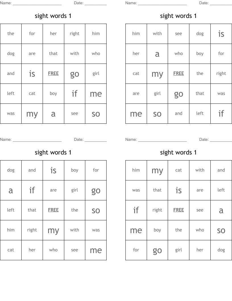 sight words 1 Bingo Cards