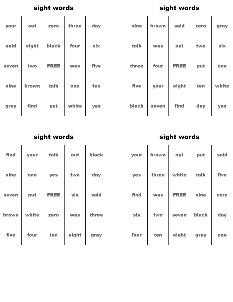 sight words Bingo Cards