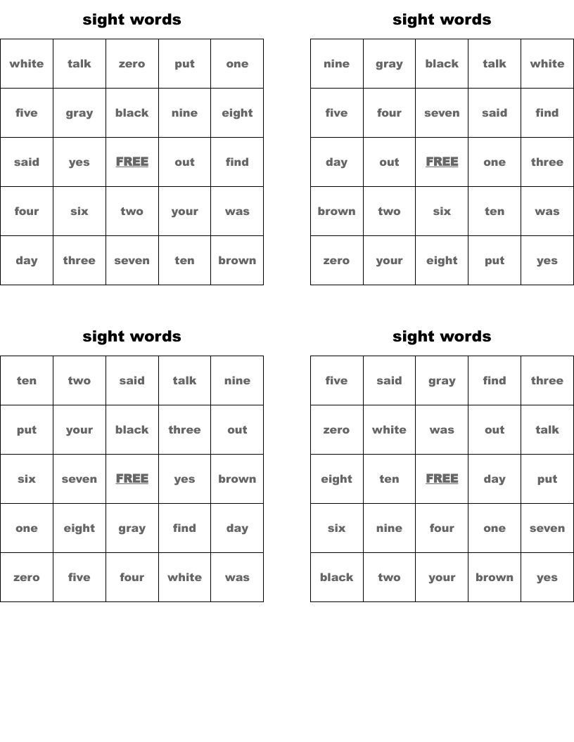 sight words Bingo Cards