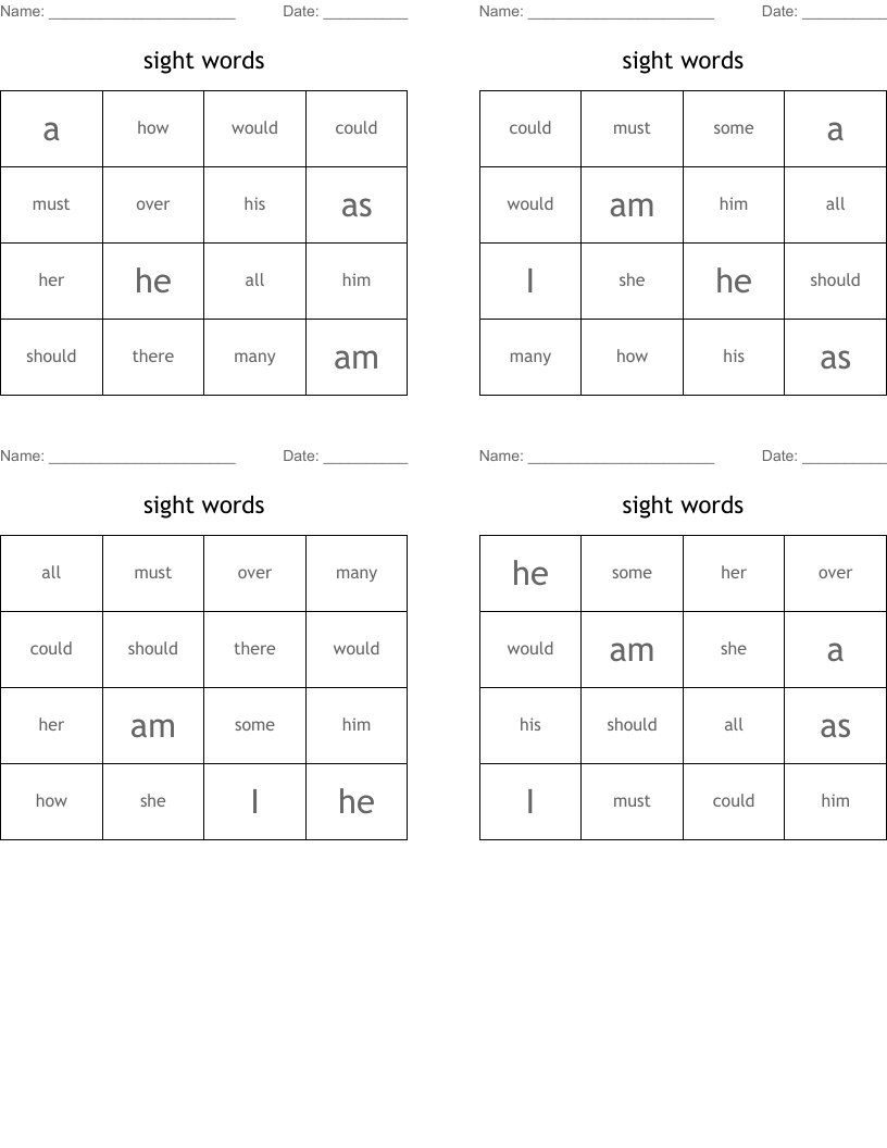 sight words Bingo Cards