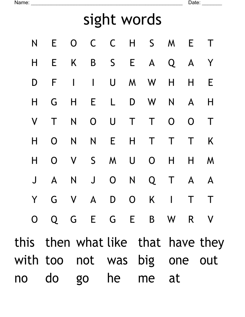 sight words Word Search