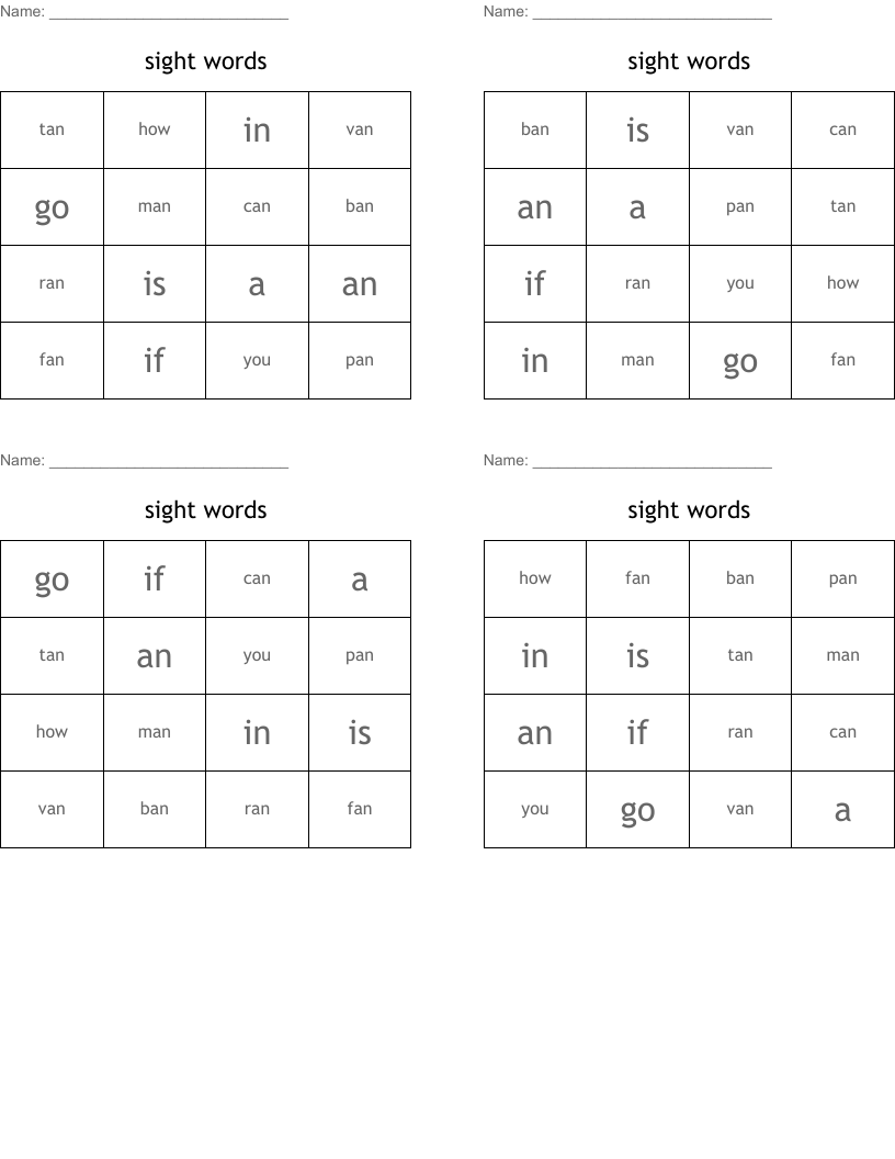 sight words Bingo Cards