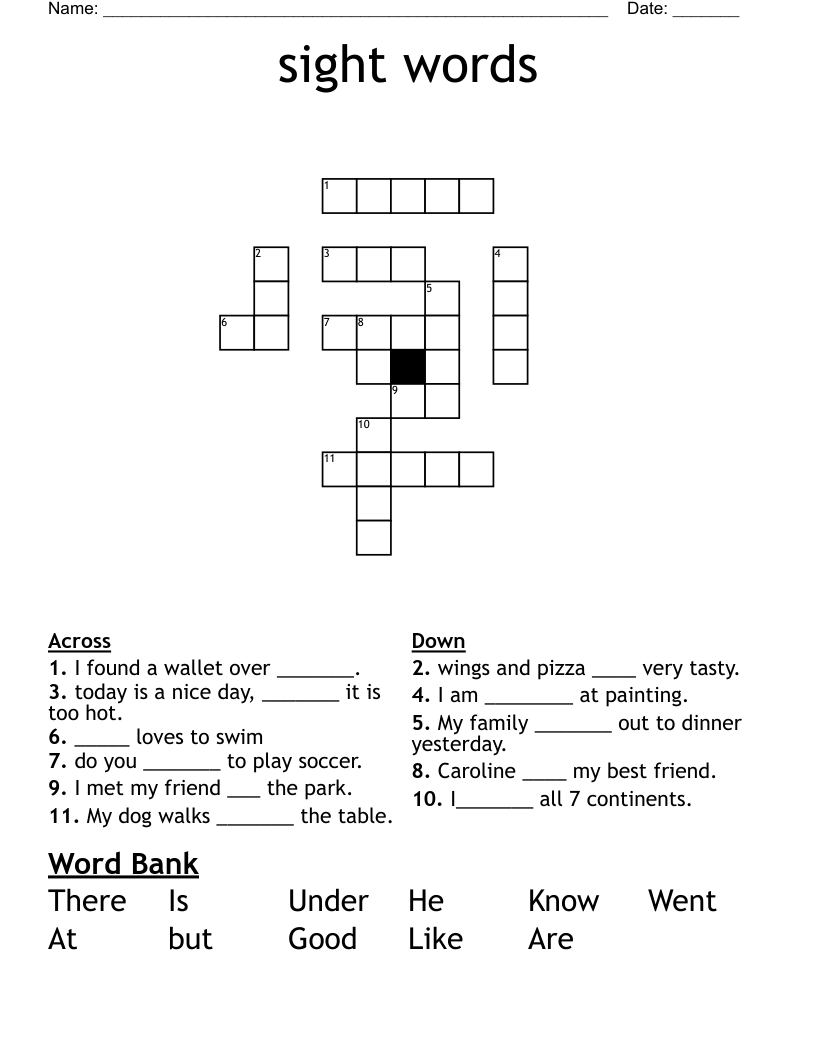 sight words Crossword