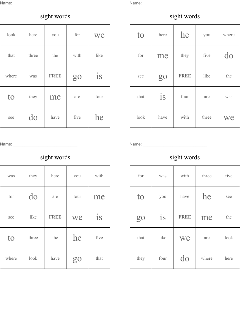 sight words Bingo Cards
