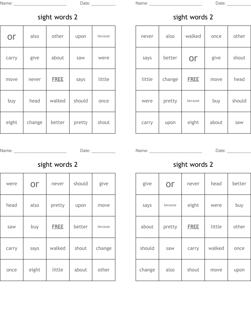 sight words 2 Bingo Cards