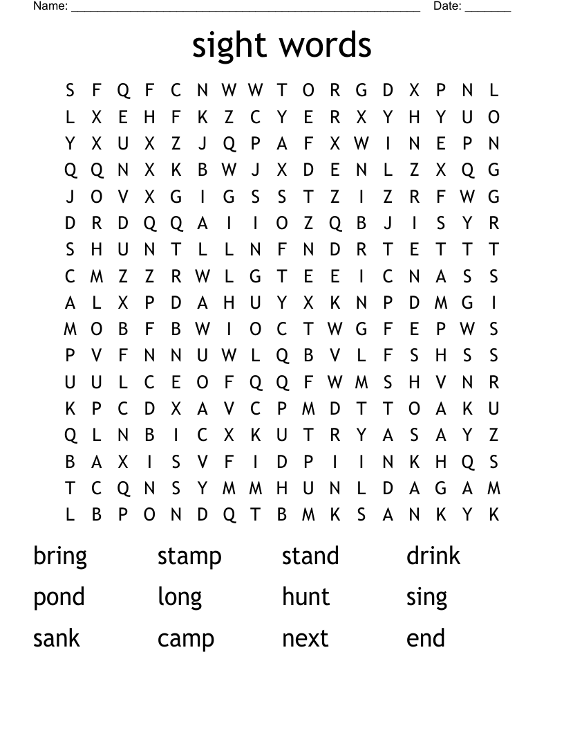 sight words Word Search