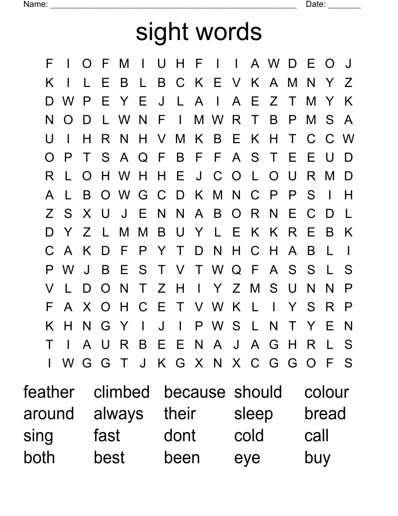 sight words Word Search