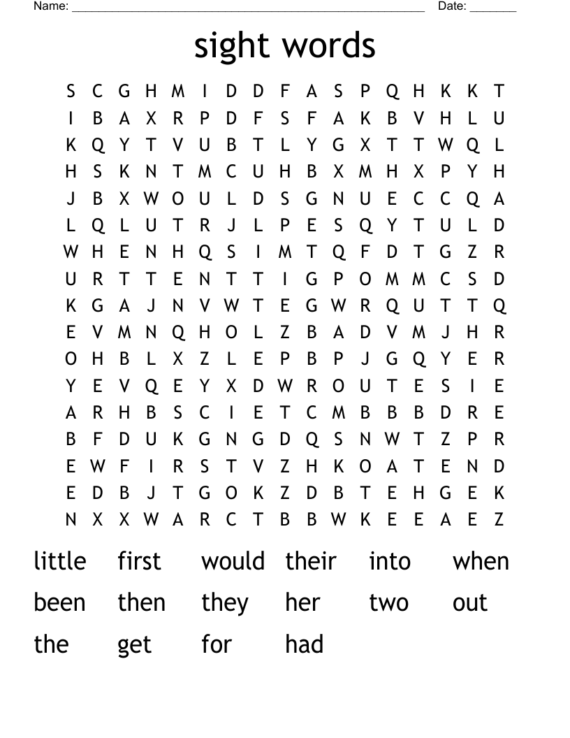 sight words Word Search
