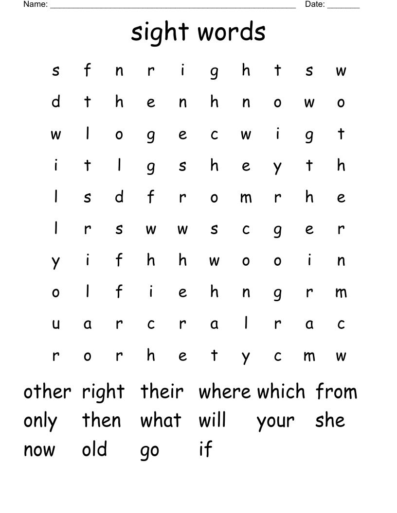 sight words Word Search