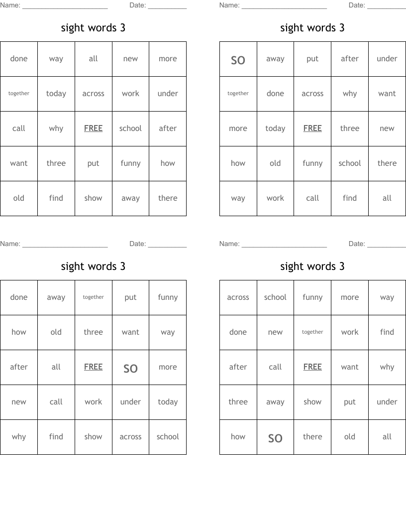 sight words 3 Bingo Cards