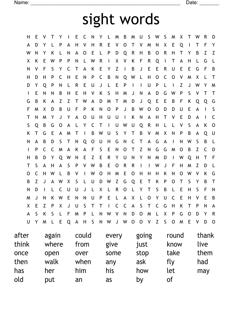 sight words Word Search