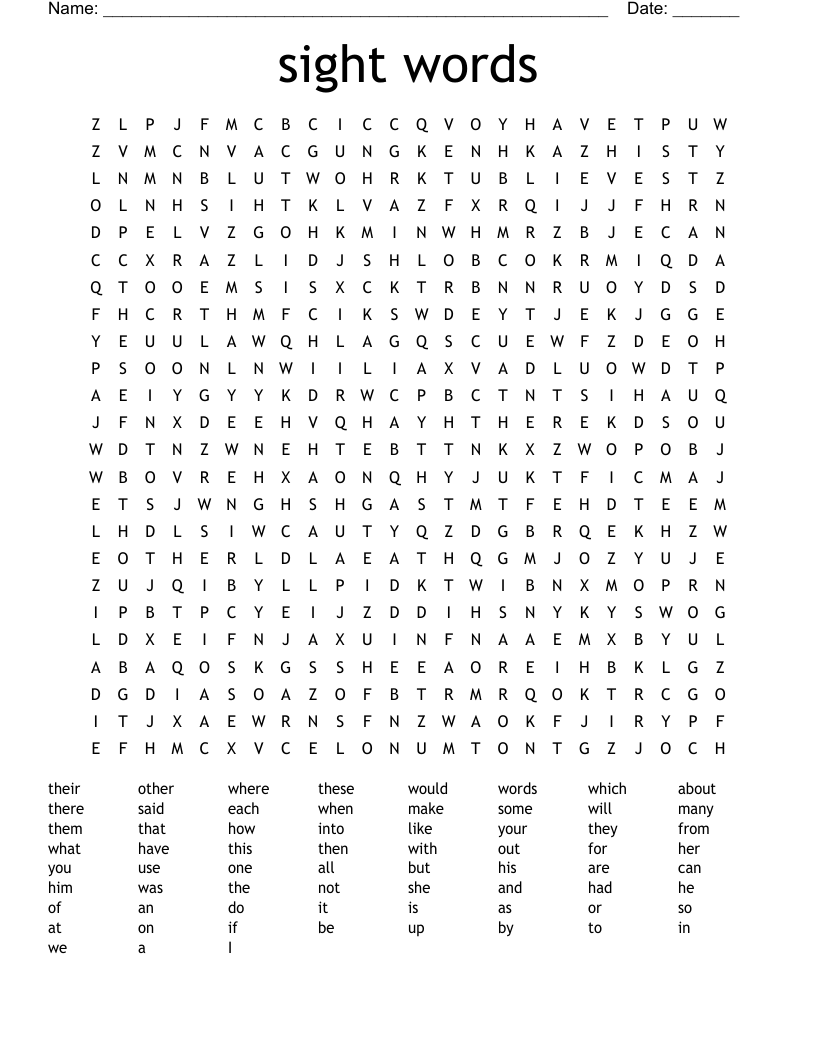 sight words Word Search