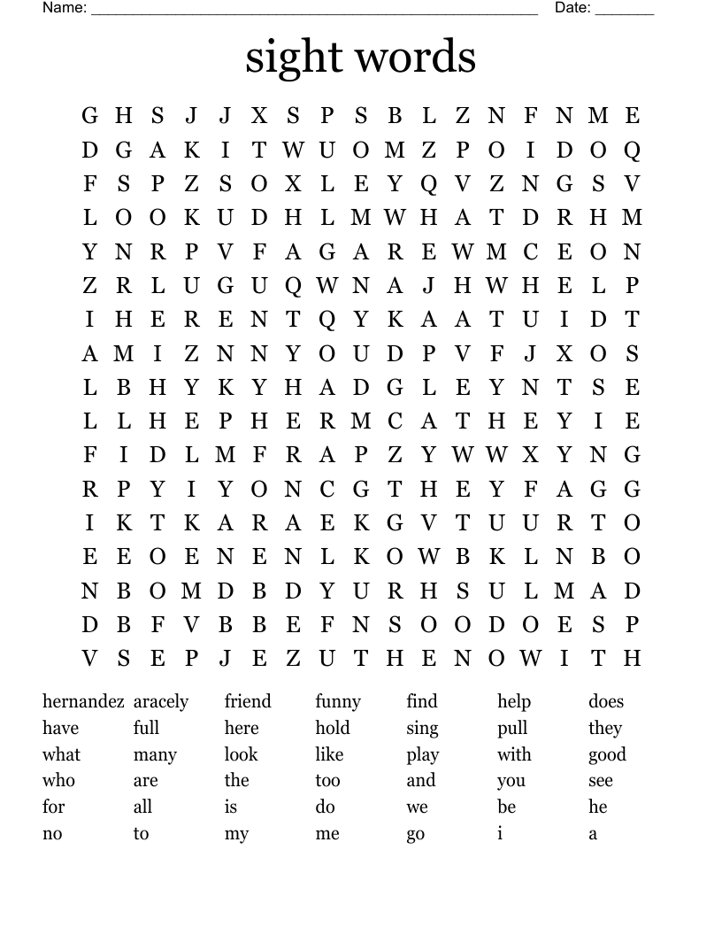 sight words Word Search