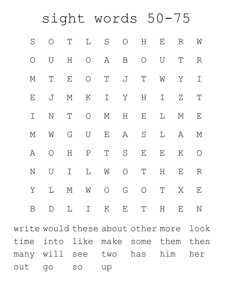 sight words 50-75 Word Search