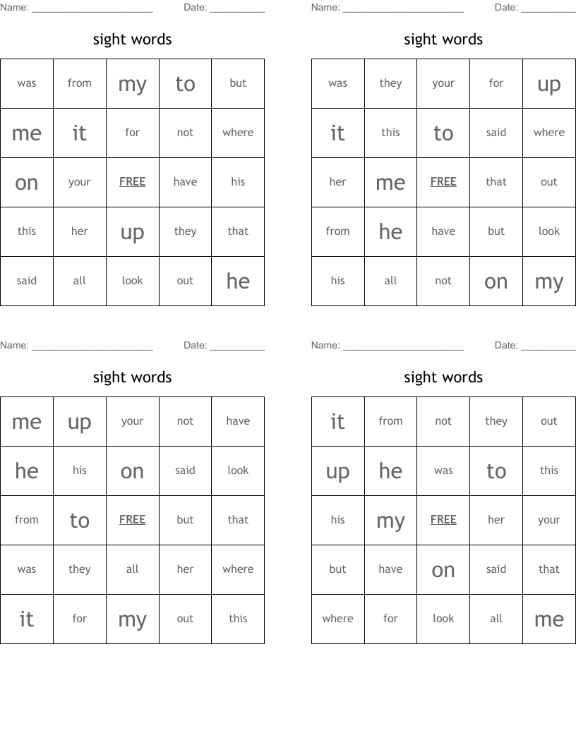 sight words Bingo Cards