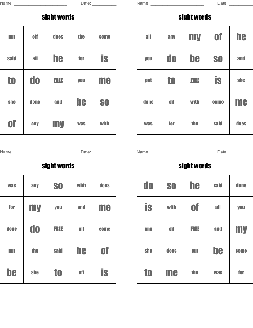 sight words Bingo Cards