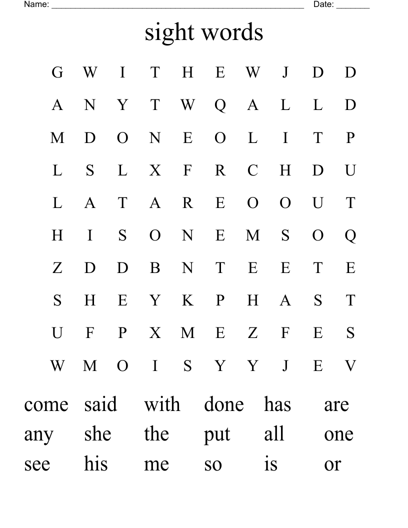 sight words Word Search