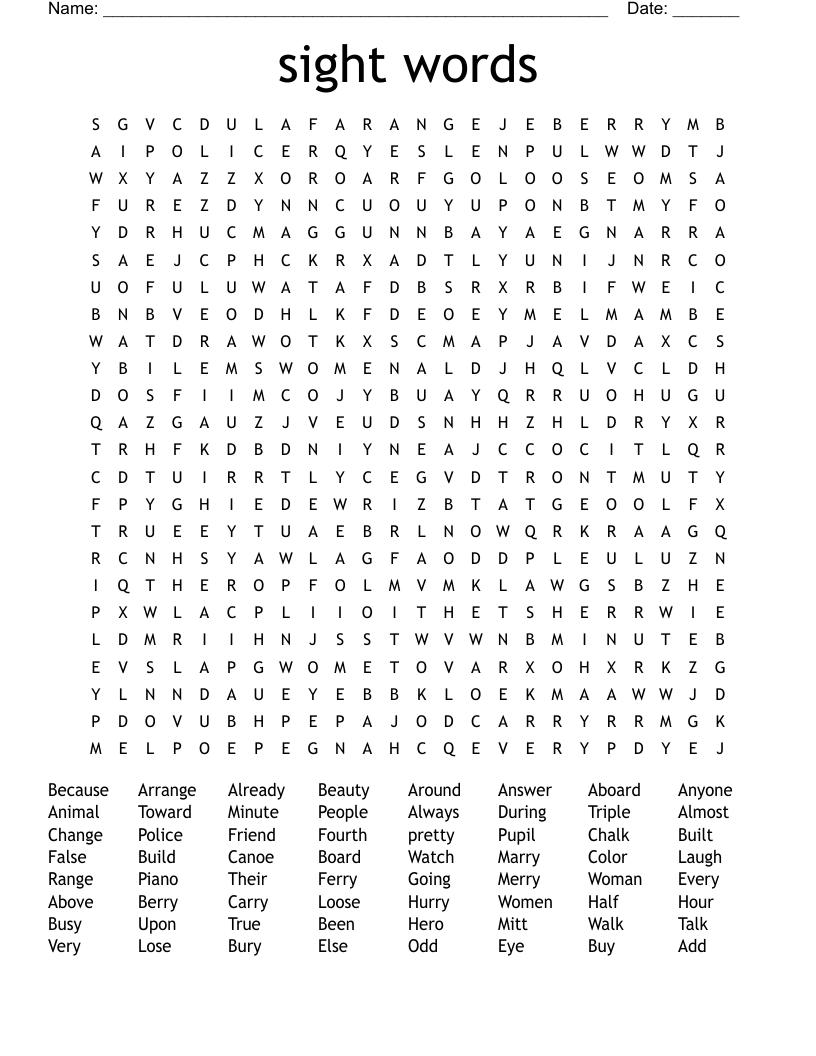 sight words Word Search