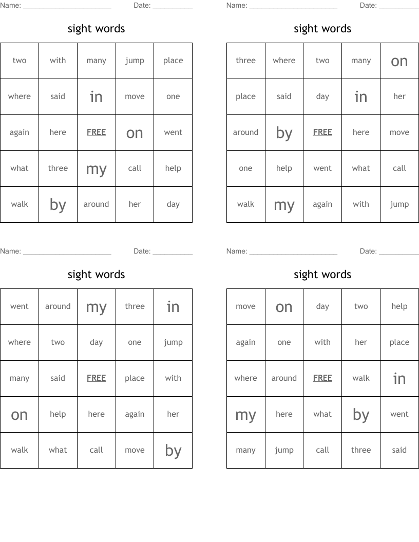 sight words Bingo Cards