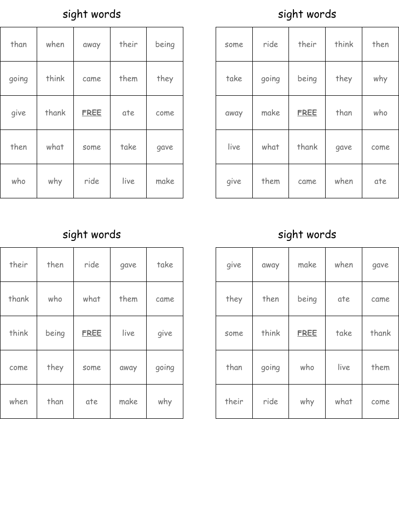 sight words Bingo Cards