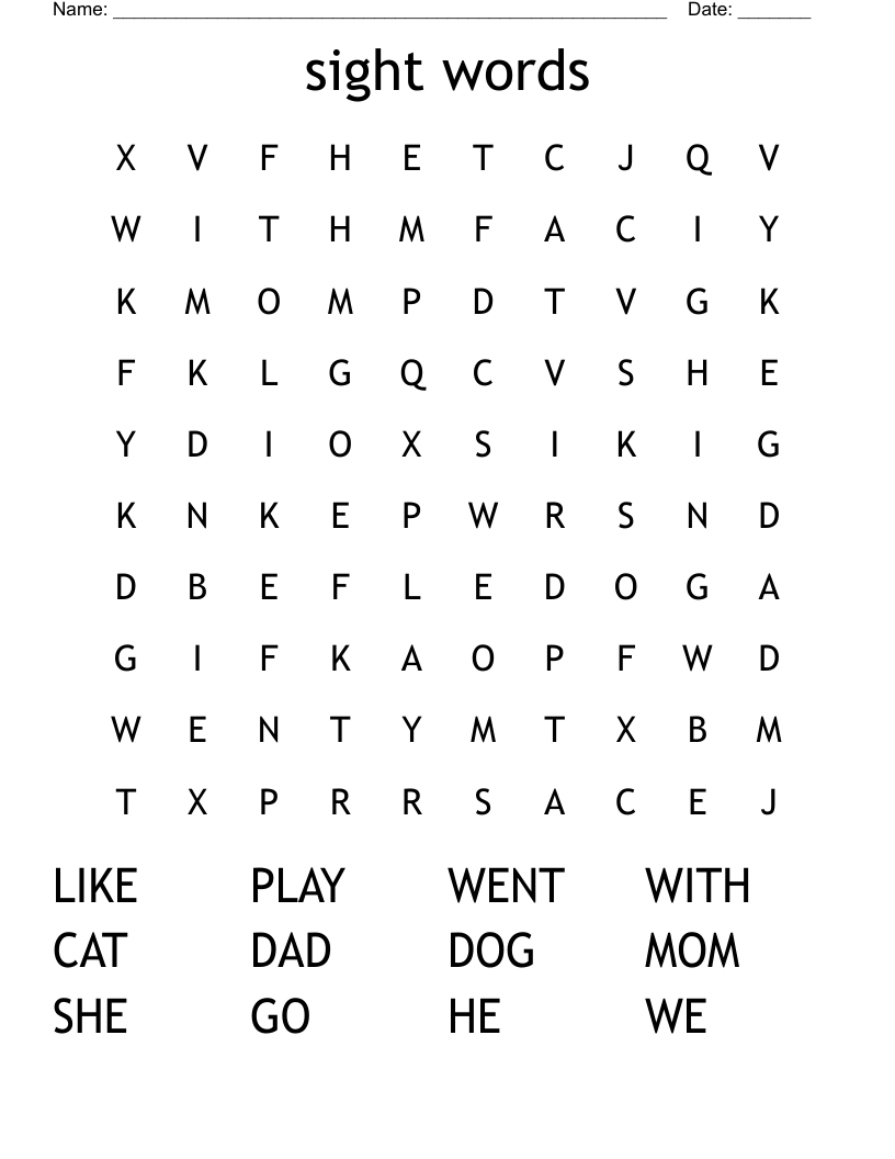 sight words Word Search