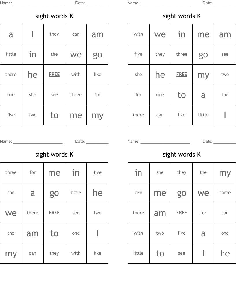 sight words K Bingo Cards