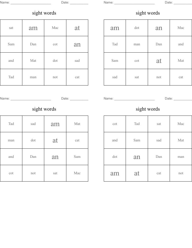 sight words  Bingo Cards