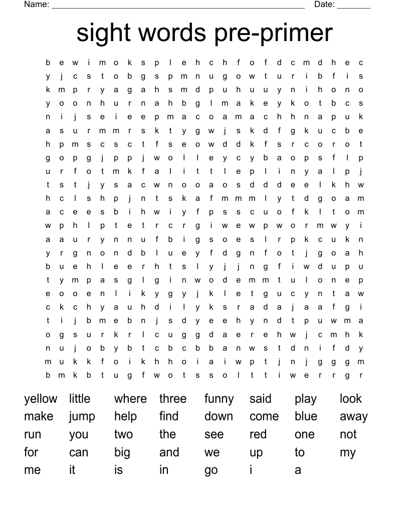 sight words  pre-primer Word Search